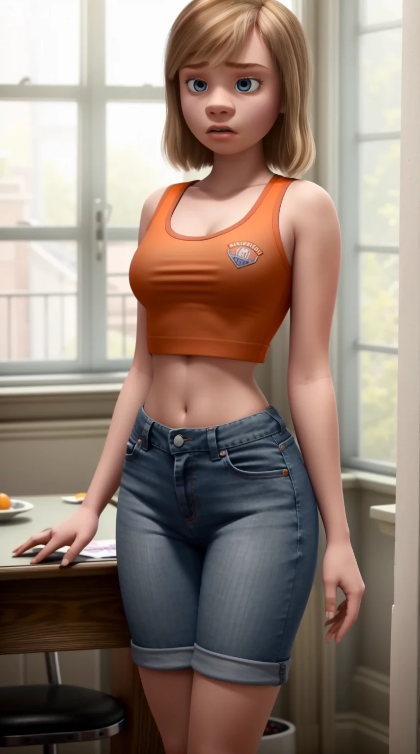 women, ((masterpiece, Best Quality)), full body view, bursting very giant breasts, slim, very fat legs, Wide hips, detailed skin, Riley Andersen  as a hooters girl, mermaids white and orange tight clothing, Bermuda, fitted crop top,  Very detailed, cinematic lighting, ultra realistic, blush, looking at the viewer, Riley Andersen from the movie Inside Out 