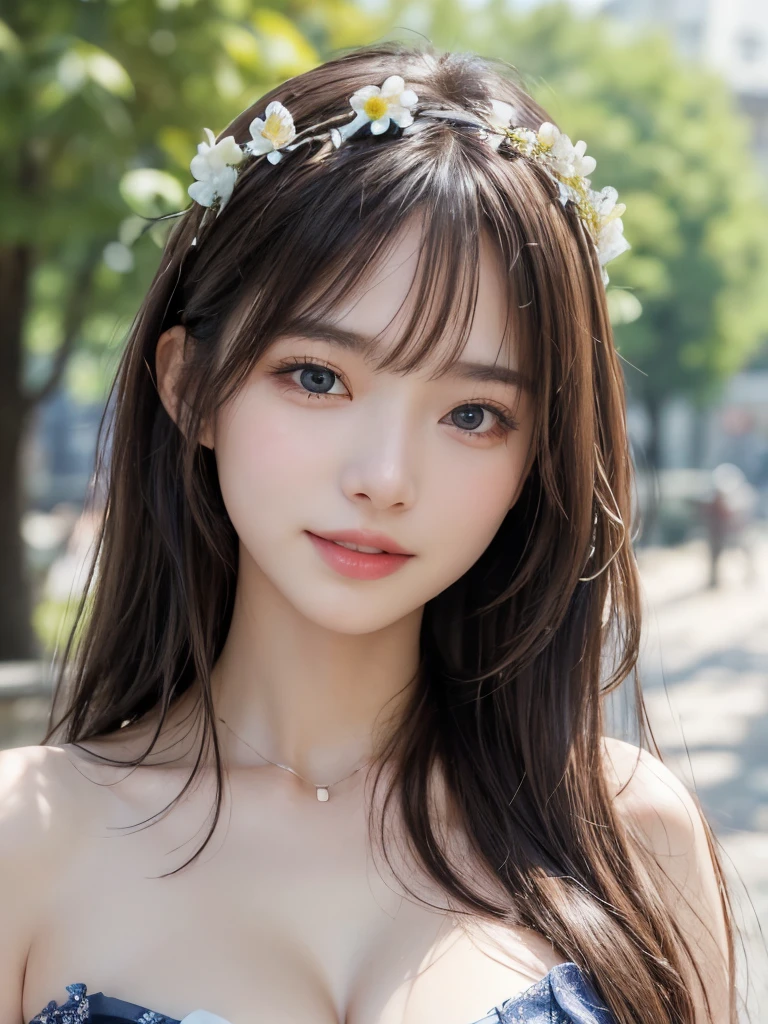 ((masterpiece: 1.3),8k, Realistic, RAW Photos, Highest quality: 1.4),whole body、 (One Girl), beautiful顔, (Realistic Face), (Brown long hair: 1.3), bangs, Perfect dynamic composition,(High quality with attention to detail, Realistic depiction of eyes:1.3)、(((Blue floral dress、White flower crown、Cleavage)))、 profile、21talent、beauty、Well-formed face、Even out the eyes、Banditium Build、Balanced ratio、beautiful足、Fresh face、beautiful景色、beautifulヘアスタイル, (bangs), (smile), smile, Realistic eyes, Gloss, highlight, highlight in the Eyes, eyelash, 目の中のbeautifulディテール, (Realistic Skin), beautiful肌, Transparency、(beautiful)、 smile, teeth, Confused, charm, 超High resolution, Ultra-realistic, High resolution, Golden Ratio, clear eyes, Wet, Looking into the camera, ear, Shine, Long neck, double eyelid, Thin eyebrows、Big eyes, cheek, kind character, charm personality, kind, 圧倒的なcharm, bright personality