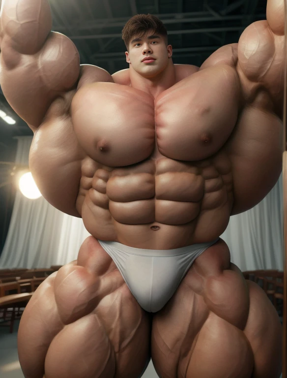 1boy, chinese, giant bodybuilder, stand, illuminating light, strong body, bulk, large size, staring, standing, armpit, in the white photo studio, nude, white triangular underwear, prominent bulge, extraordinary big, brutalmass, giant, muscular body, bulk, buff, massive body, large meaty body size, extremely wide body