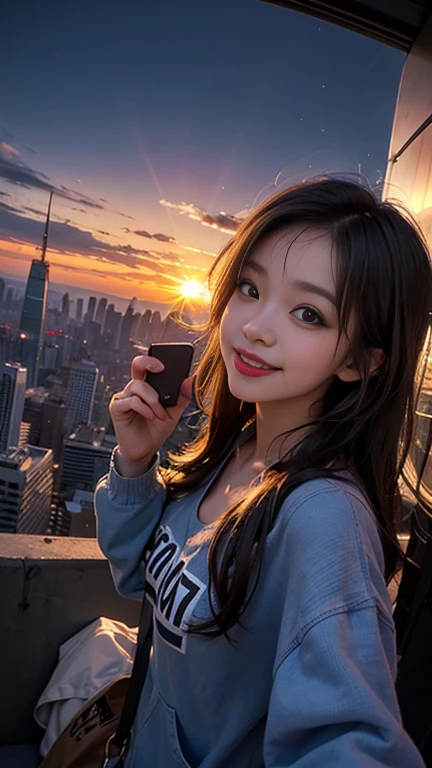 One girl, Korean, Fisheye Lens, Selfie, Wind, Messy Hair, sunset, Cityscape, (Aesthetics and atmosphere:1.2),smile