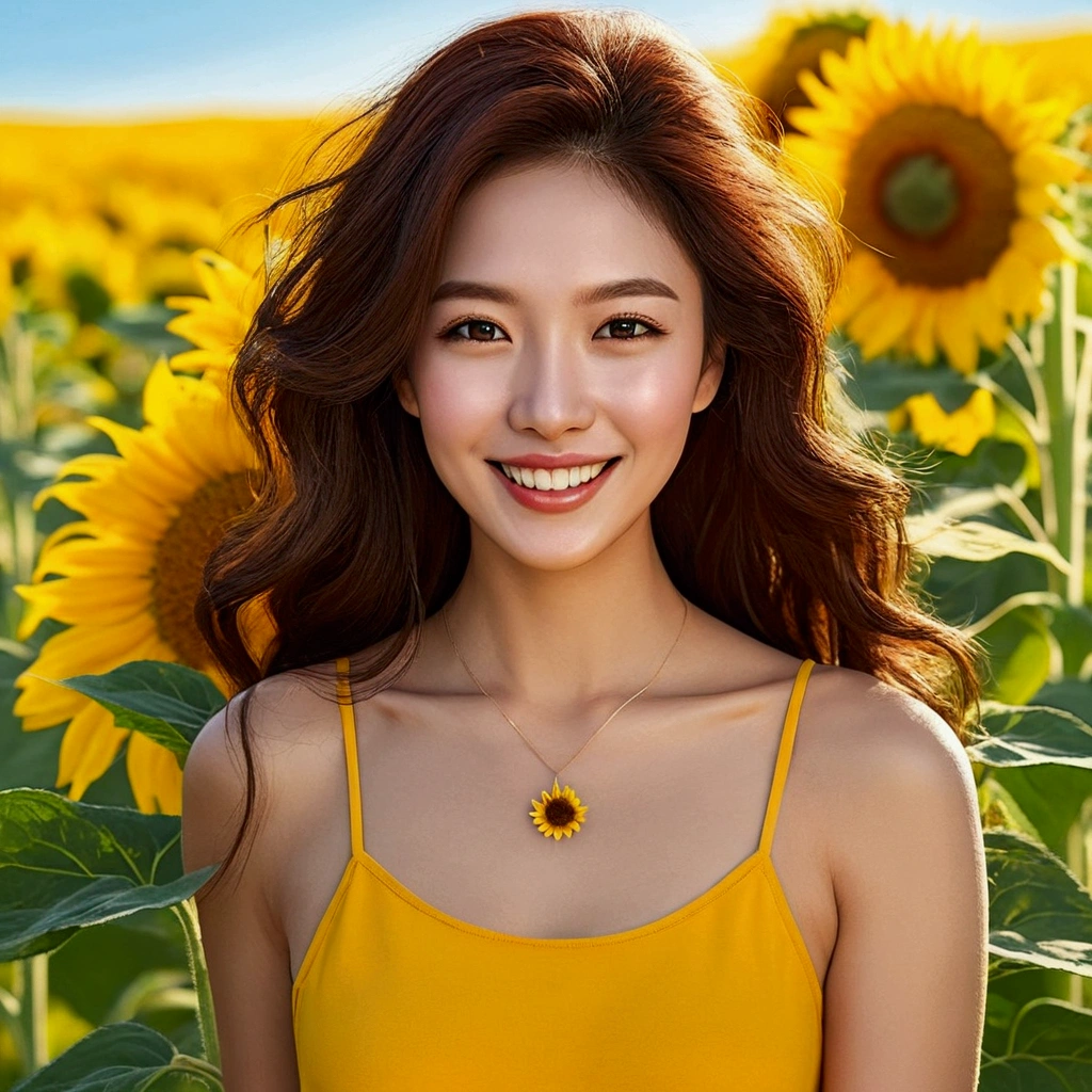 Design a lifelike portrayal of a woman with a cheerful smile, showcasing her joyous spirit. Set the scene in a sunflower field during a sunny day, with the vibrant yellow blooms complementing her positive energy