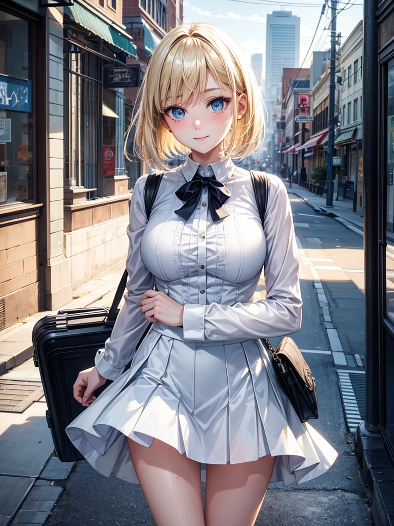 Anime style, super fine illustration, highly detailed, beautiful detailed, pale tone image, static representation, gentle expression, 8k, pretty 1girl with blonde straight short hair & blue eyes & a bright smile & full bust & soft fair skin is wearing big white business shart not to show her skin & black tight skirt & 1business bag, on the business building street, in the morning, brilliant particles of lights, romantic stories, solo, perfect 5fingers, perfect arms, perfect legs, masterpiece.