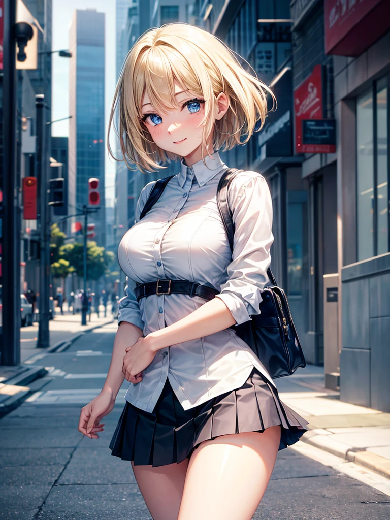 Anime style, super fine illustration, highly detailed, beautiful detailed, pale tone image, static representation, gentle expression, 8k, pretty 1girl with blonde straight short hair & blue eyes & a bright smile & full bust & soft fair skin is wearing big white business shart not to show her skin & black tight skirt & 1business bag, on the business building street, in the morning, brilliant particles of lights, romantic stories, solo, perfect 5fingers, perfect arms, perfect legs, masterpiece.