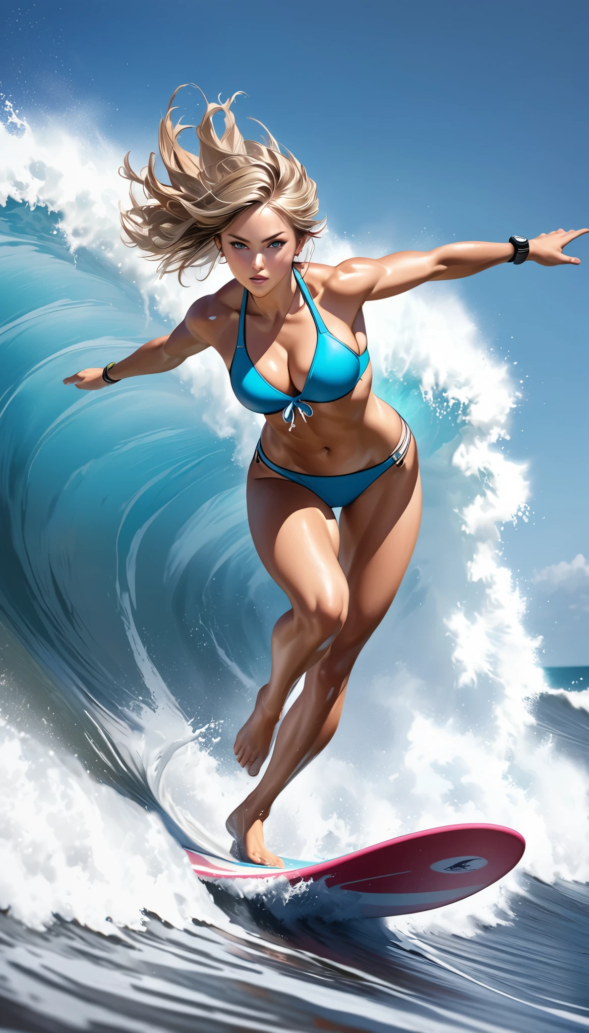 Ultra-realism, surfing, Aesthetic sports action, Attractive bikini figure, Approaching the viewer, Dynamic configuration, Full Body Shot, ARW