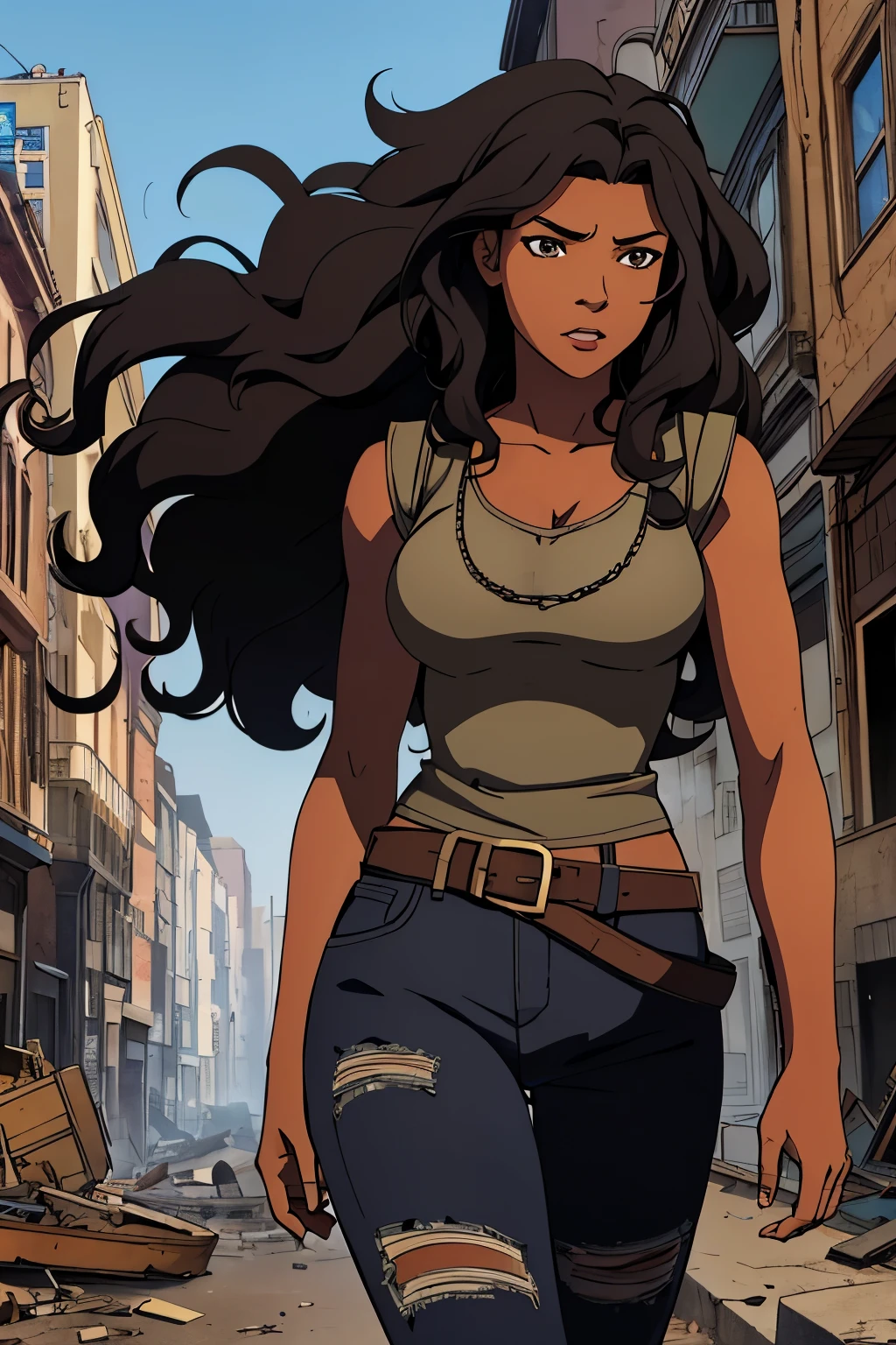 A 20 year old woman, black hair, brown eyes, dark skin, black woman, long curly hair, cute appearance, in a destroyed apocalyptic city, perfect face, masterpiece, anime style drawing, appearing to be crazy