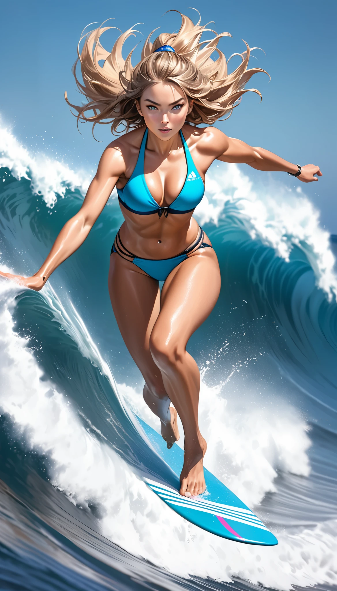 Ultra-realism, Attractive bikini figure, surfing, Approaching the viewer, Dynamic configuration, Full Body Shot, ARW