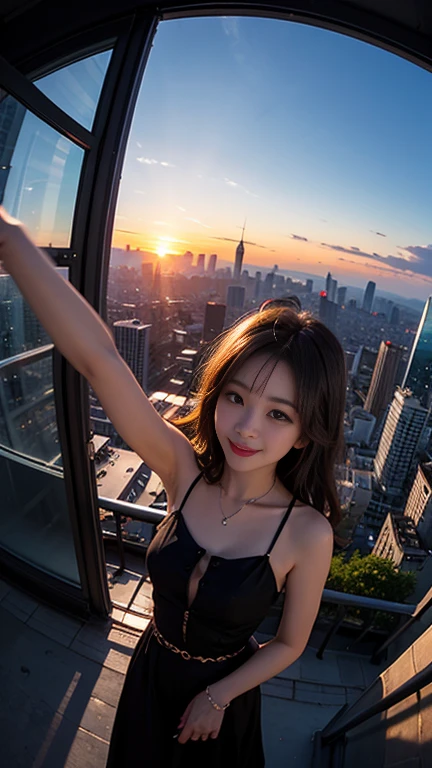 One girl, Korean, Fisheye Lens, Selfie, Wind, Messy Hair, sunset, Cityscape, (Aesthetics and atmosphere:1.2),smile