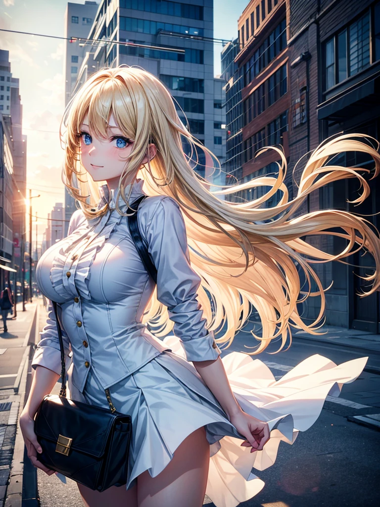 Anime style, super fine illustration, highly detailed, beautiful detailed, pale tone image, static representation, gentle expression, 8k, pretty 1girl with blonde straight short hair & blue eyes & a bright smile & full bust & soft fair skin is wearing big white business shart not to show her skin & black tight skirt & 1business bag, on the business building street, in the morning, brilliant particles of lights, romantic stories, solo, perfect 5fingers, perfect arms, perfect legs, masterpiece.