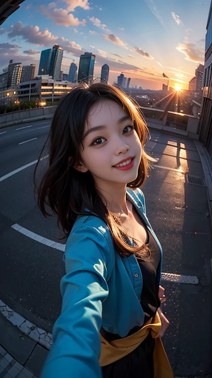 One girl, Korean, Fisheye Lens, Selfie, Wind, Messy Hair, sunset, Cityscape, (Aesthetics and atmosphere:1.2),smile