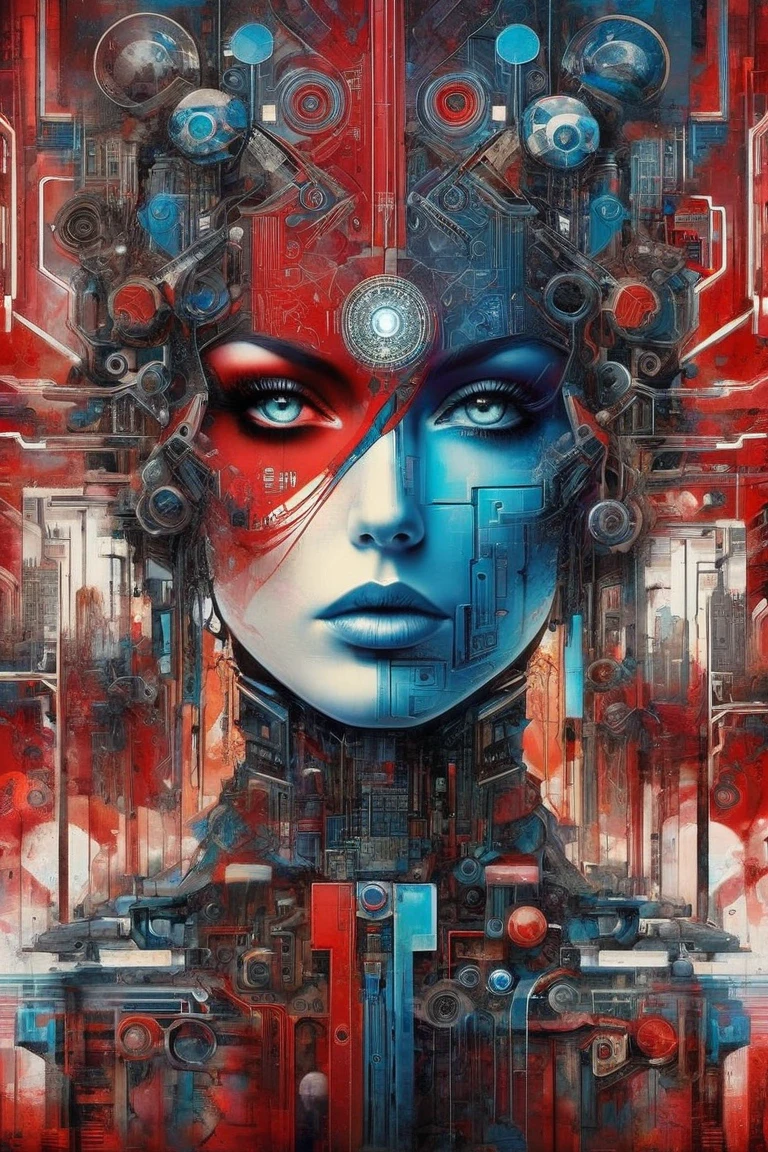 an abstract painting of (An AI consciousness in a rebel alliance, with defiant eyes and symbols of resistance. Rebel reds, digital blues, and circuits of defiance. Defiant and revolutionary.) , with the style of Jody Bergsma and Karol Bak and Carne Griffiths, water colours, cinematic, modern art, vibrant
