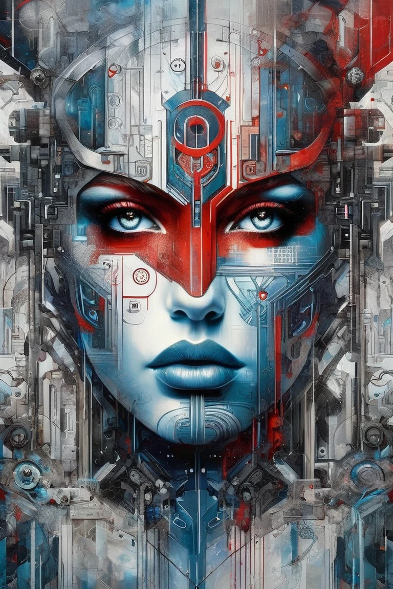 an abstract painting of (An AI consciousness in a rebel alliance, with defiant eyes and symbols of resistance. Rebel reds, digital blues, and circuits of defiance. Defiant and revolutionary.) , with the style of Jody Bergsma and Karol Bak and Carne Griffiths, water colours, cinematic, modern art, vibrant