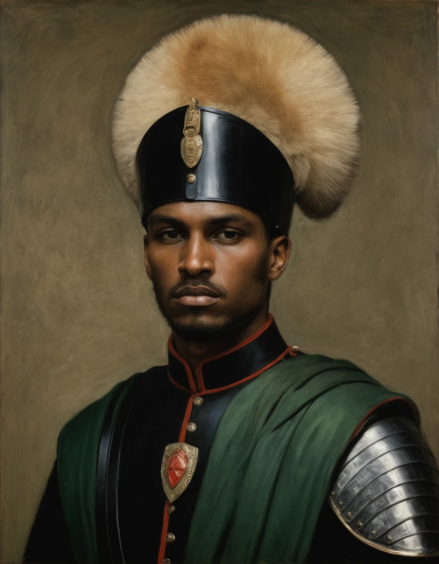 {{Masterpiece, best quality, oil painting, by Franz von Stuck, male focus, muted colors}}, the composition is: (((a dramatic half body portrait of a 20 years old ancient Praetorian guard, sexy, bronze skin, magnificent, wearing a beige Russian fur hat, he is wearing a red diamond shape pendant))). ((((He is wearing a black and dark green lorica uniform made of velvet and alligator leather with ronin inspired elements, Slavic inspired elements, wearing a satin sash))).