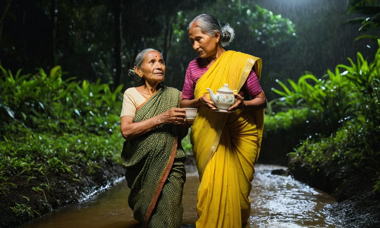 A touching scene of a rain wet dressed elderly woman carrying a young  through a forest stream and tea plantation at night, the woman dressed in a yellow sari, the dense forest in the background with rays of moonlight filtering through, focusing on the emotional bond between them, their expressions showing strength and resilience, Photography, captured with a Canon EOS 5D Mark IV, 50mm lens, f/1.8 aperture, --ar 9:16 --v 5