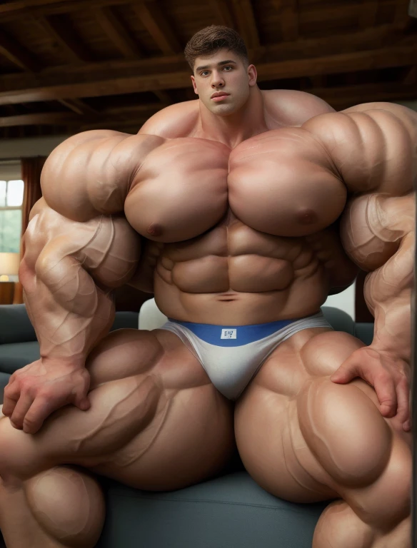 1boy, giant, giant bodybuilder, stand, warm light, strong body, bulk, large size, staring, sitting on couch in the living room, open legs, nude, white singlet and triangular underwear, prominent bulge, extraordinary big, brutalmass, giant, muscular body, bulk, buff, massive body, large meaty body size, extremely wide body, hairy body