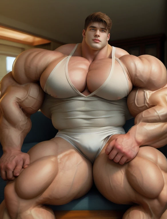 1boy, giant, giant bodybuilder, stand, warm light, strong body, bulk, large size, staring, sitting on couch in the living room, open legs, nude, white singlet and triangular underwear, prominent bulge, extraordinary big, brutalmass, giant, muscular body, bulk, buff, massive body, large meaty body size, extremely wide body, hairy body