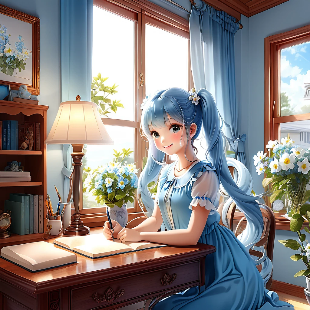 Light blue long hair、Beautiful girl with twin tails、 Desk lamp lighting, A bright, sunny room、White margaret flowers are displayed on the windowsill.、I am studying、Bright smile、Wooden desk, pencil, Note, Fine brushwork, Realistic style, perspective, 4K resolution、