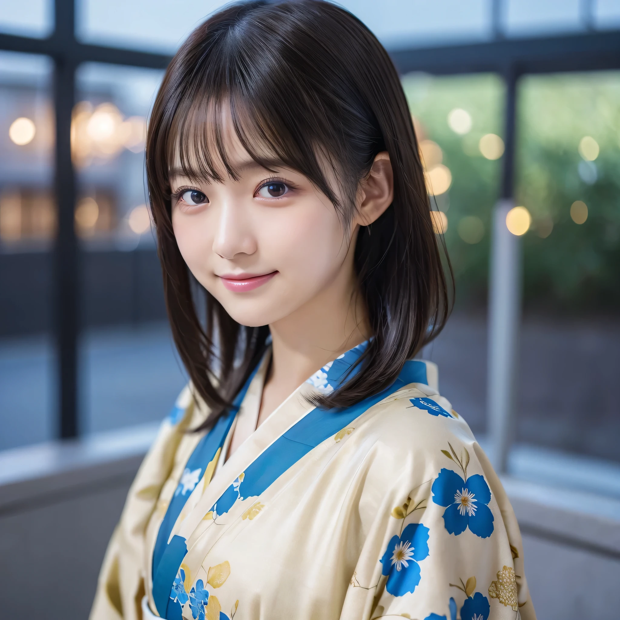 (kimono)、((17 years old))、Random pose、(highest quality,masterpiece:1.3,超A high resolution,),(Ultra-detailed,Caustics),(Photorealistic:1.4,RAW shooting,)Ultra-Realistic Capture,Very detailed,High resolution 16K human skin closeup、 The skin texture is natural、The skin looks healthy、The color is also uniform.、 Use natural light and color,1 girl,Japanese,,cute,Black Hair,,smile,,(Depth of written boundary、chromatic aberration、、Wide range of lighting、Natural Shading、)Shortcuts、Almond-shaped eyes、At dusk、Fireworks in the sky