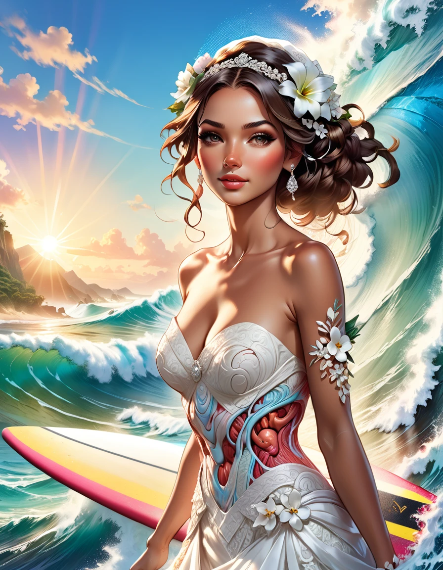 a portrait of a bride surfing the waves, on a sunny day in ocean, an exotic beautiful bride, ((anatomically correct: 1.5)) ultra detailed face, dynamic hair color, dynamic hair style, dynamic skin complexion, (best detailed face: 1.5), busty wearing intricate, elegant bride's dress, glamour bride dress, barefoot, she is surfing an (surf board: 1.3) she surfs a massive wave, sunny day, sun rays, some clouds, wavy ocean background, vibrant, Ultra-high resolution, High Contrast, (masterpiece:1.5), highest quality, Best aesthetics), best details, best quality, highres, 16k, (ultra detailed: 1.5), masterpiece, best quality, (extremely detailed) RAW, (ultra details, Masterpiece, best quality), Dark Art Painting Style, ba11g0wn, Cinematic Hollywood Film