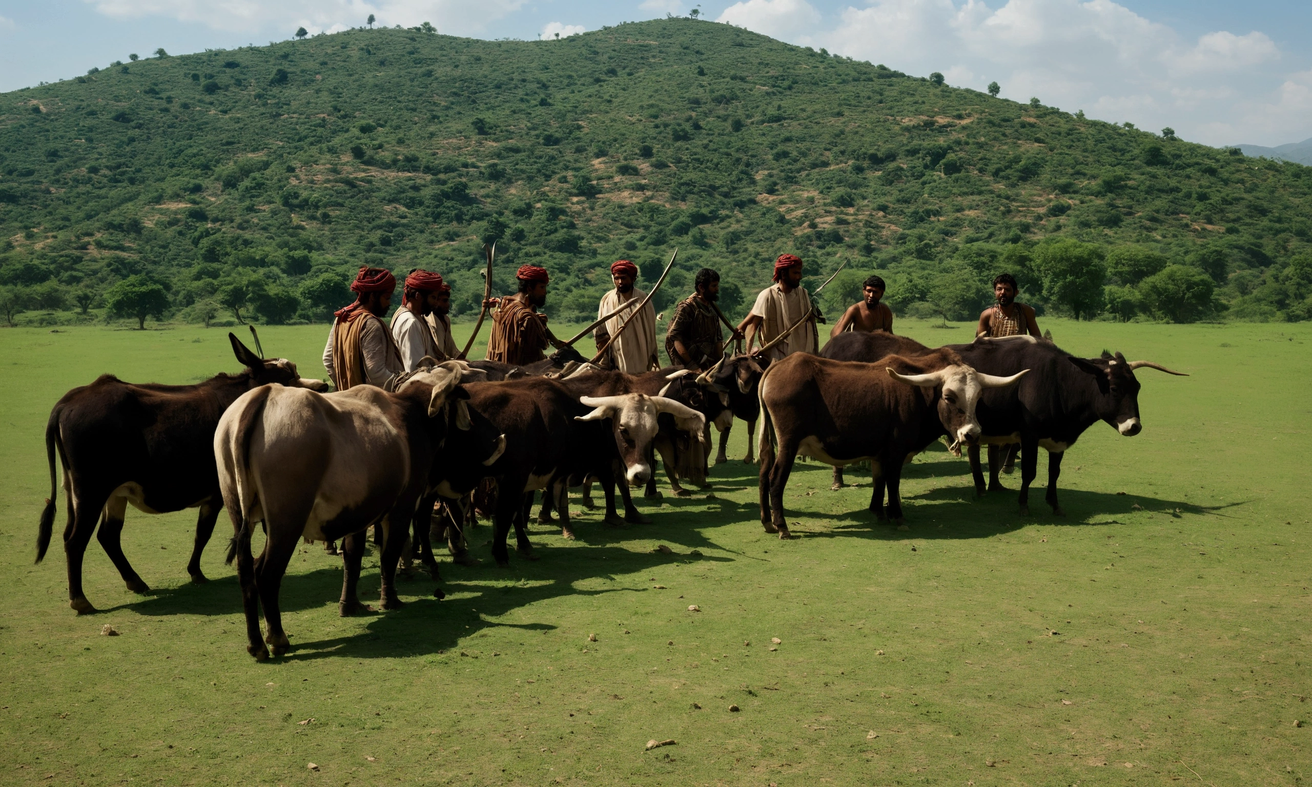 Create a scene with an open, green, wide field with clear skies and some clouds on the horizon. In the background, gentle hills and scattered trees. Oxen and donkeys eating the grass. A group of Sabaean warriors stormed the scene with ferocity, brandishing swords. The warriors are dressed in tribal clothing and leather armor. They are attacking the young men who took care of the oxen and donkeys, leaving some fallen, injured or dead on the ground. 