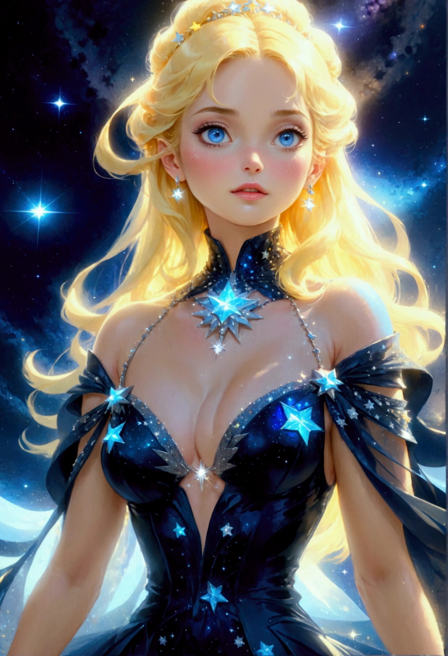 a glamour picture shot, of an elite model covered in stars, walking on a (dark catwalk: 1.2), an extraordinary glamourous elite female model, ((full body: 1.5)),  ((anatomically correct: 1.5), (ultra detailed face: 1.2), best detailed face, yrllow hair, long hair, lush hair, glam hair cut, blue eyes, delicate face, light make up, wearing intricate detailed dress, glamour dress, haute couture dress, elite fashion dress, black as night dress, decorated with bright stars, starlight,  small cleavage, wearing high heels, elegant high heels, she wears diamond necklace, she is glows in a soft starry light, she walks on asteroid catwalk, elite fashion show background, vibrant, Hyperrealism style, vibrant, Ultra-high resolution, High Contrast, (masterpiece:1.5), highest quality, Best aesthetics), best details, best quality, highres, ultra wide angle, 16k, [ultra detailed], masterpiece, best quality, (extremely detailed) RAW, chumbasket art style, photograph, photograph