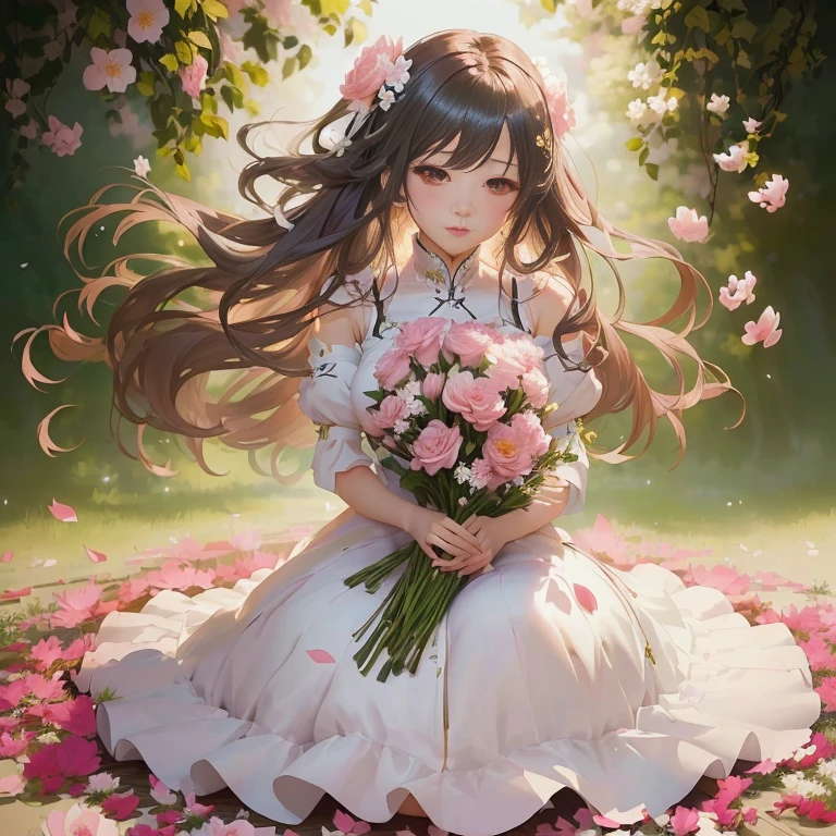 anime girl with long hair and flowers in white dress sitting on pink petals,  in dress, guweiz on pixiv artstation, cute anime waifu in a nice dress, guweiz, guweiz on artstation pixiv, kawacy, beautiful anime, beautiful anime girl, official artwork, anime visual of a cute girl, anime moe artstyle