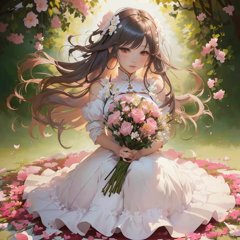 anime girl with long hair and flowers in white dress sitting on pink petals,  in dress, guweiz on pixiv artstation, cute anime waifu in a nice dress, guweiz, guweiz on artstation pixiv, kawacy, beautiful anime, beautiful anime girl, official artwork, anime visual of a cute girl, anime moe artstyle