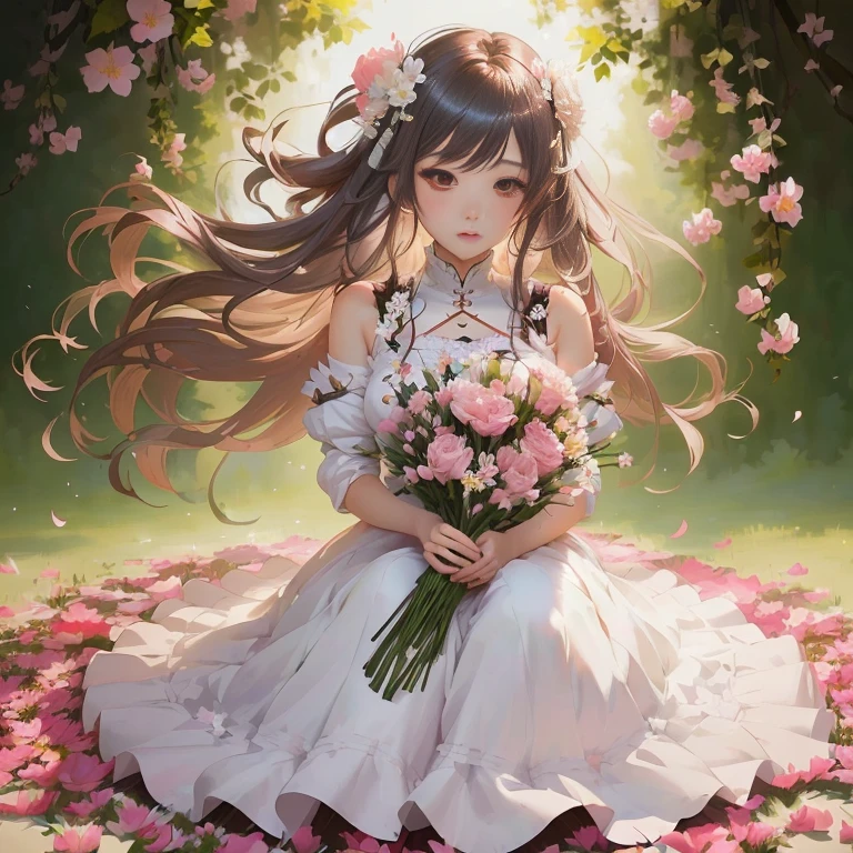 anime girl with long hair and flowers in white dress sitting on pink petals, in dress, guweiz on pixiv artstation, cute anime waifu in a nice dress, guweiz, guweiz on artstation pixiv, kawacy, beautiful anime, beautiful anime girl, official artwork, anime visual of a cute girl, anime moe artstyle