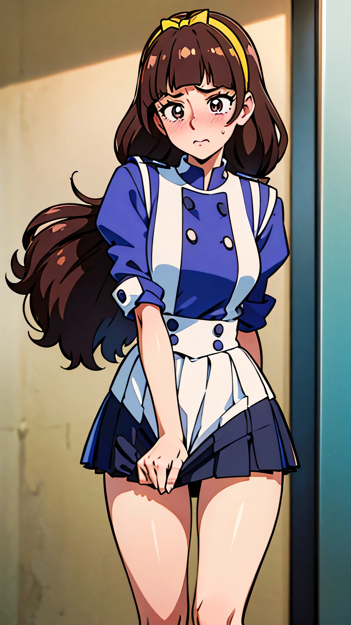 1 girl, (solo), ((amanogawaki)), best quality, highres, high quality, 8k, HD, super detail, anatomically correct, UHD, accurate, (masterpiece:1.2), (high quality:1.0), (ultra detailed), (Front View), (Embarassed), Blushing, Brat, (Blue White Uniform), Uniform Skirt, Adult, Yellow Headband, (((skirt tug))), Looking Down