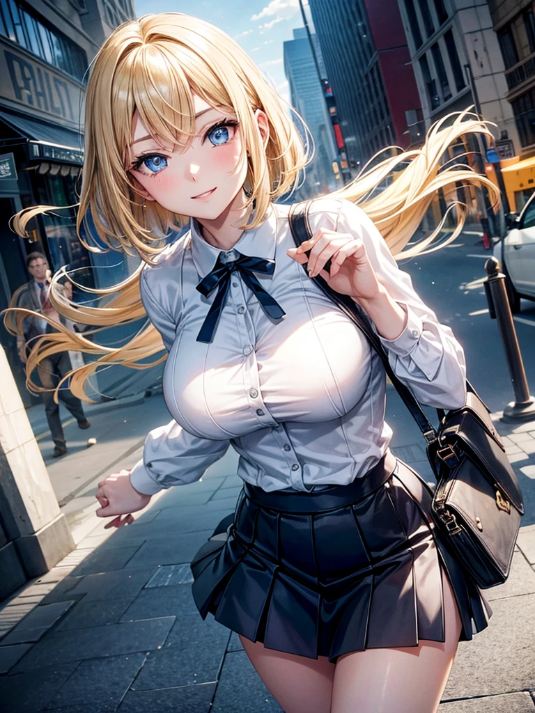 Anime style, super fine illustration, highly detailed, beautiful detailed, pale tone image, static representation, gentle expression, 8k, pretty 1girl with blonde straight short hair & blue eyes & a bright smile & full bust & soft fair skin is wearing big white business shart not to show her skin & black tight skirt & 1business bag, on the business building street, in the morning, brilliant particles of lights, romantic stories, solo, perfect 5fingers, perfect arms, perfect legs, masterpiece.