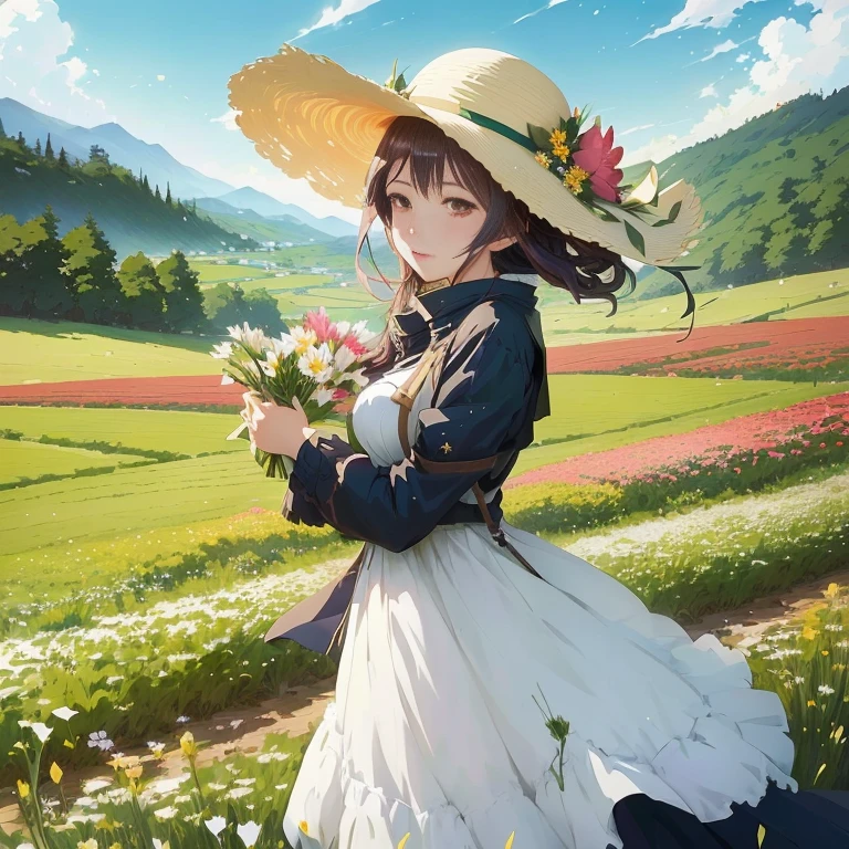 anime girl in a field of flowers with a hat and a flower bouquet, rin, in field high resolution, guweiz on pixiv artstation, anime countryside landscape, cushart krenz key art feminine, guweiz on artstation pixiv, in a field of flowers, makoto shinkai art style, girl in a flower field