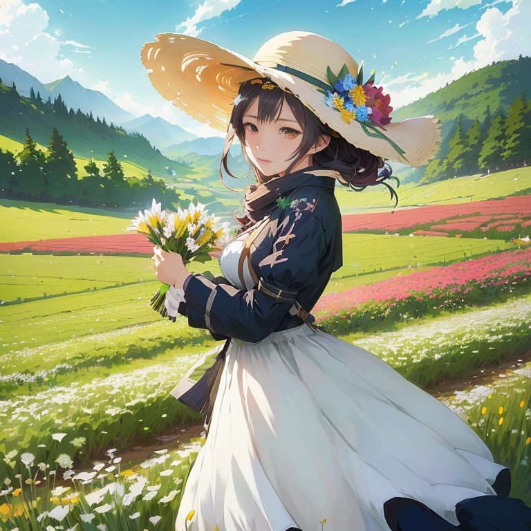 anime girl in a field of flowers with a hat and a flower bouquet, rin, in field high resolution, guweiz on pixiv artstation, anime countryside landscape, cushart krenz key art feminine, guweiz on artstation pixiv, in a field of flowers, makoto shinkai art style, girl in a flower field