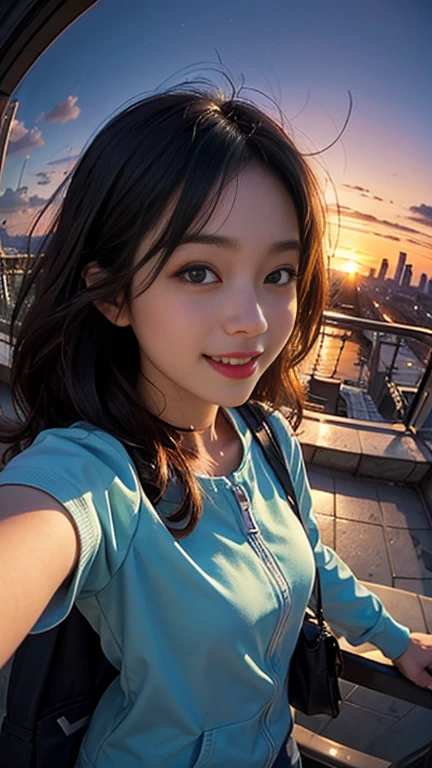 One girl, Korean, Fisheye Lens, Selfie, Wind, Messy Hair, sunset, Cityscape, (Aesthetics and atmosphere:1.2),smile