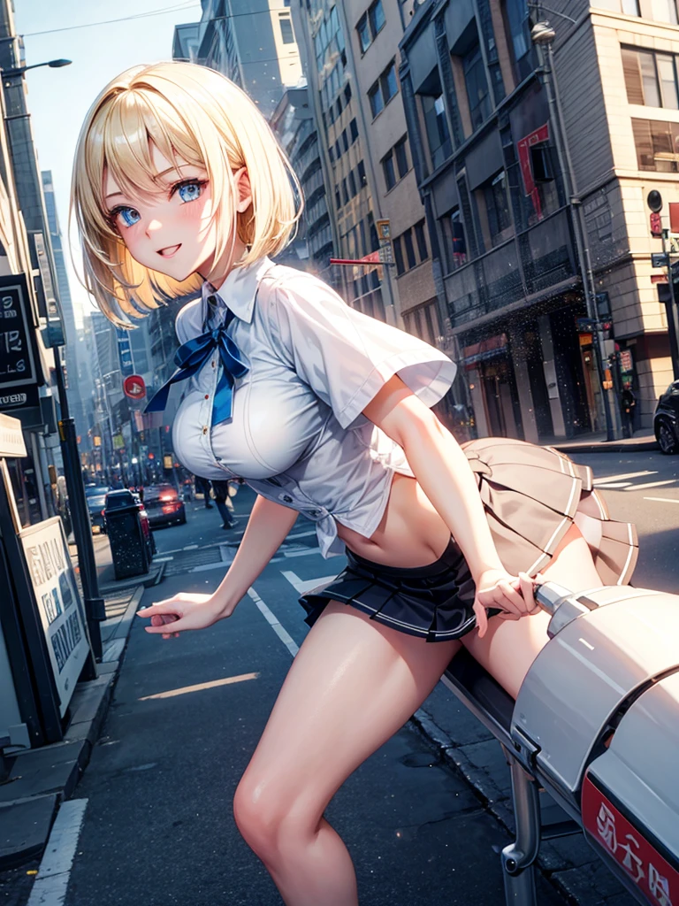 Anime style, super fine illustration, highly detailed, beautiful detailed, pale tone image, static representation, gentle expression, 8k, pretty 1girl with blonde straight short hair & blue eyes & a bright smile & full bust & soft fair skin is wearing big white business shart not to show her skin & black tight skirt & 1business bag, on the business building street, in the morning, brilliant particles of lights, romantic stories, solo, perfect 5fingers, perfect arms, perfect legs, masterpiece.