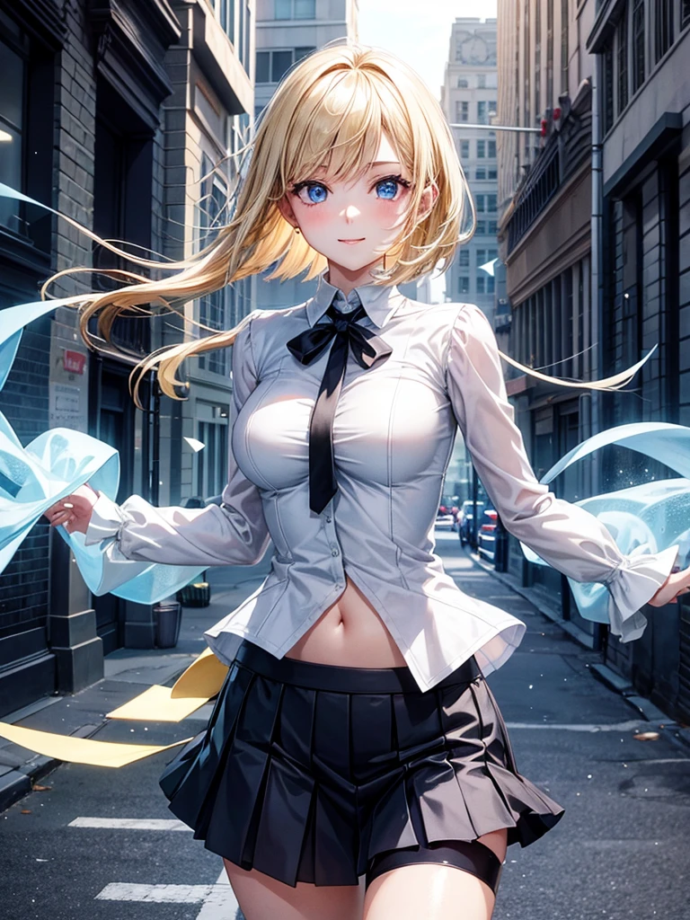 Anime style, super fine illustration, highly detailed, beautiful detailed, pale tone image, static representation, gentle expression, 8k, pretty 1girl with blonde straight short hair & blue eyes & a bright smile & full bust & soft fair skin is wearing big white business shart not to show her skin & black tight skirt & 1business bag, on the business building street, in the morning, brilliant particles of lights, romantic stories, solo, perfect 5fingers, perfect arms, perfect legs, masterpiece.