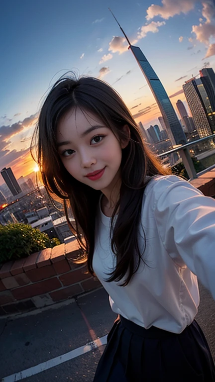 One girl, Korean, Fisheye Lens, Selfie, Wind, Messy Hair, sunset, Cityscape, (Aesthetics and atmosphere:1.2),smile