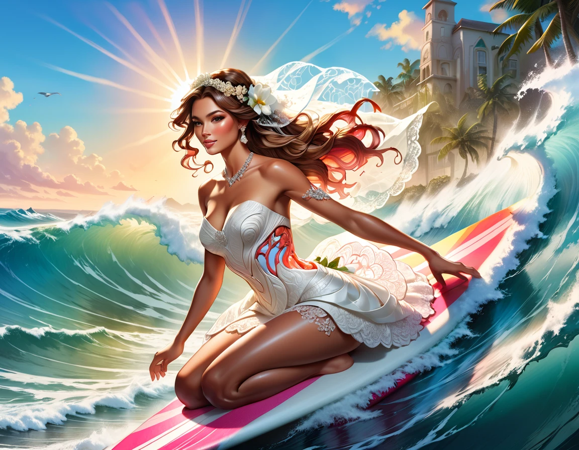 a portrait of a bride surfing the waves, on a sunny day in ocean, an exotic beautiful bride,   ((anatomically correct: 1.5)) ultra detailed face, dynamic hair color, dynamic hair style, dynamic skin complexion, (best detailed face: 1.5), busty wearing intricate, elegant bride's dress, glamour bride dress, barefoot, she is surfing an (surf board: 1.3) she surfs a massive wave, sunny day, sun rays, some clouds, wavy ocean background, vibrant, Ultra-high resolution, High Contrast, (masterpiece:1.5), highest quality, Best aesthetics), best details, best quality, highres, 16k, (ultra detailed: 1.5), masterpiece, best quality, (extremely detailed) RAW, (ultra details, Masterpiece, best quality), Dark Art Painting Style, ba11g0wn, Cinematic Hollywood Film