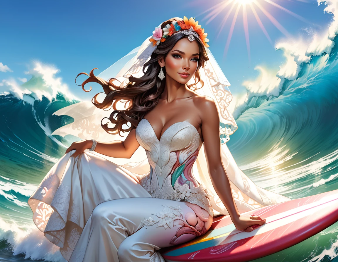 a portrait of a bride surfing the waves, on a sunny day in ocean, an exotic beautiful bride, ((anatomically correct: 1.5)) ultra detailed face, dynamic hair color, dynamic hair style, dynamic skin complexion, (best detailed face: 1.5), busty wearing intricate, elegant bride's dress, glamour bride dress, barefoot, she is surfing an (surf board: 1.3) she surfs a massive wave, sunny day, sun rays, some clouds, wavy ocean background, vibrant, Ultra-high resolution, High Contrast, (masterpiece:1.5), highest quality, Best aesthetics), best details, best quality, highres, 16k, (ultra detailed: 1.5), masterpiece, best quality, (extremely detailed) RAW, (ultra details, Masterpiece, best quality), Dark Art Painting Style, ba11g0wn, Cinematic Hollywood Film