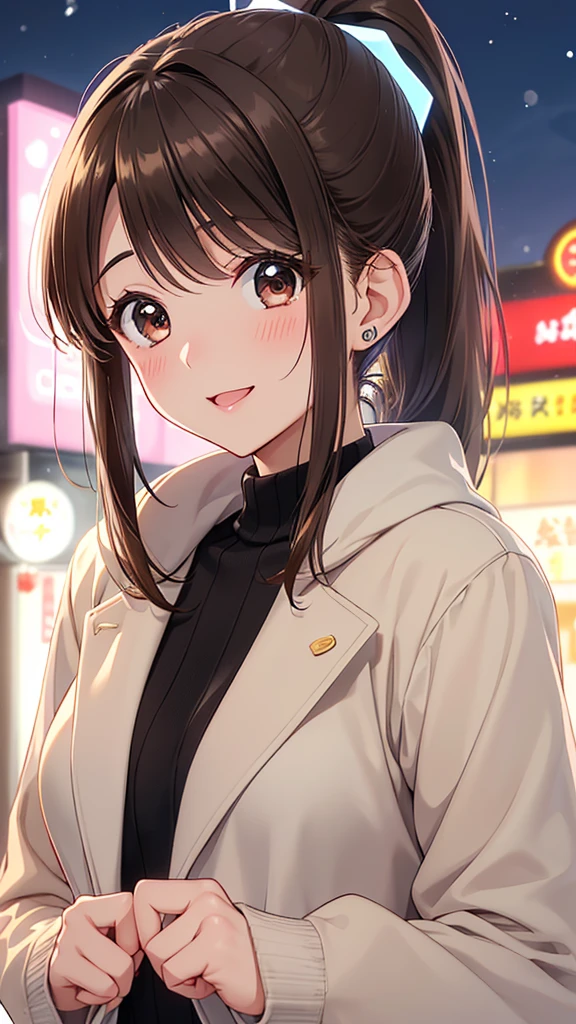 (Close-up of a woman)、Depiction of the upper body、30-year-old woman、smile、((ponytail、Brown Hair))、blush、(Please open your mouth a little、High resolution、16K))、Cute Winter Clothes、((Late night love hotel district、neon))