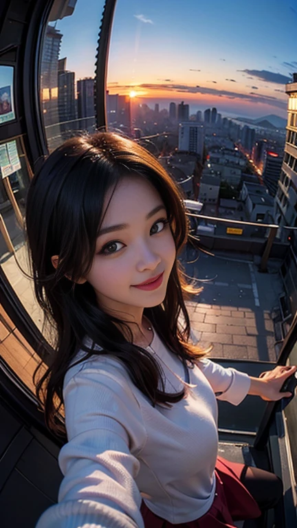 One girl, Korean, Fisheye Lens, Selfie, Wind, Messy Hair, sunset, Cityscape, (Aesthetics and atmosphere:1.2),smile