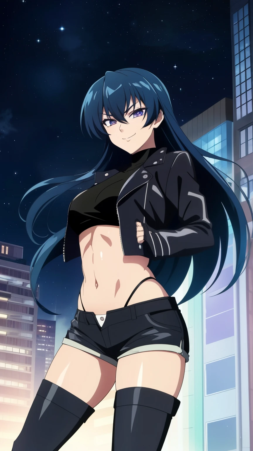 (masterpiece, best quality, high resolution, 8k:1.2), (anime), Asagi, (beautifully detailed eyes:1.2), highly detailed face, Long Hair,Blue Hair, Hair between the eyes,Thin, Side Lock, Purple eyes, View your viewers,(Leather Jackets,Black Leather, Belly Button, Shorts, Black Boots, Beautiful Shoes, Night, city), muscle, Intricate details, Cinema Lighting, One girl, Cowboy shot, Dynamic pose, smirk