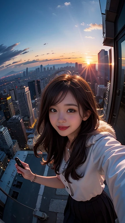 One girl, Korean, Fisheye Lens, Selfie, Wind, Messy Hair, sunset, Cityscape, (Aesthetics and atmosphere:1.2),smile
