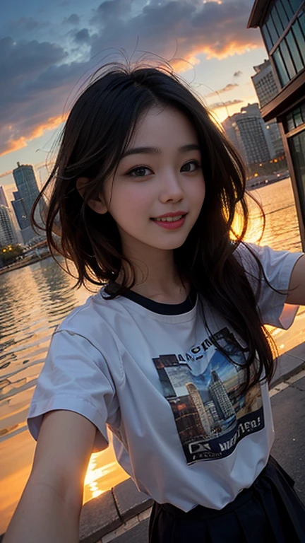 One girl, Korean, Fisheye Lens, Selfie, Wind, Messy Hair, sunset, Cityscape, (Aesthetics and atmosphere:1.2),smile