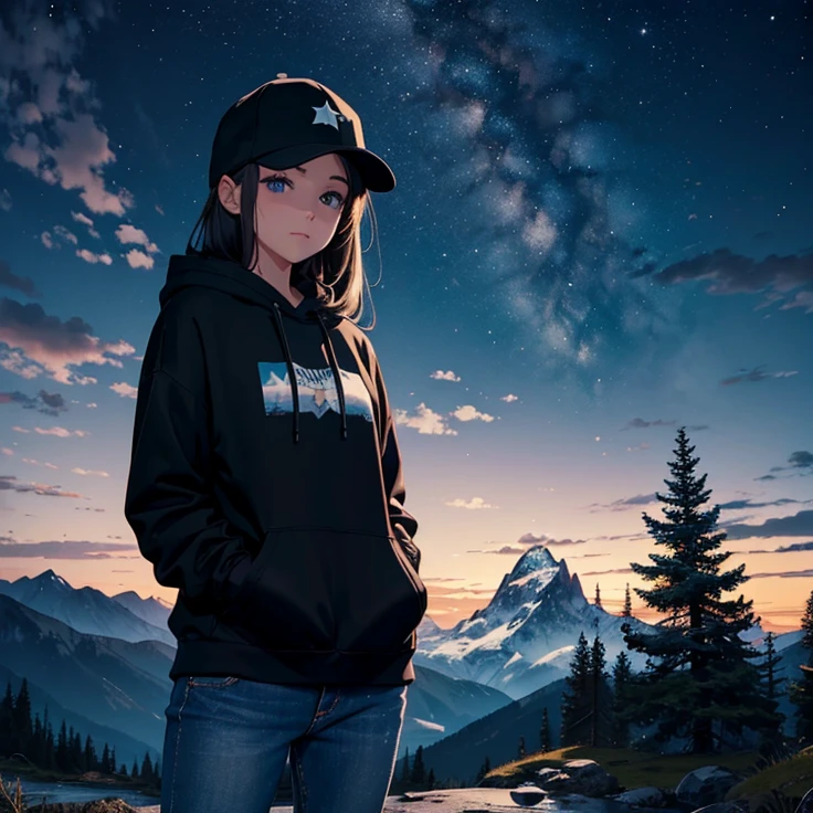 ((best quality)), ((masterpiece)), (detailed), 1 girl , black hoodie , black cap , standing position , facing backward , mountain background , night time , jeans , cap covering the face , sky full of star