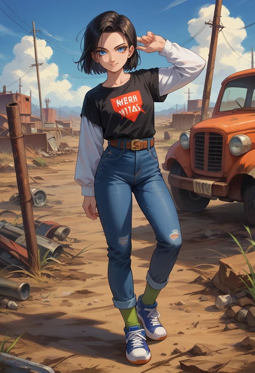 score_9, score_8_up, score_7_up, 1girl, solo, android 17,blue eyes, black hair,parted hair,short hair, black shirt, jeans, layered shirt, white sleeves,orange bandana, blue sneakers, green socks, brown belt, red patch, standing, slight smile, looking at you, wasteland