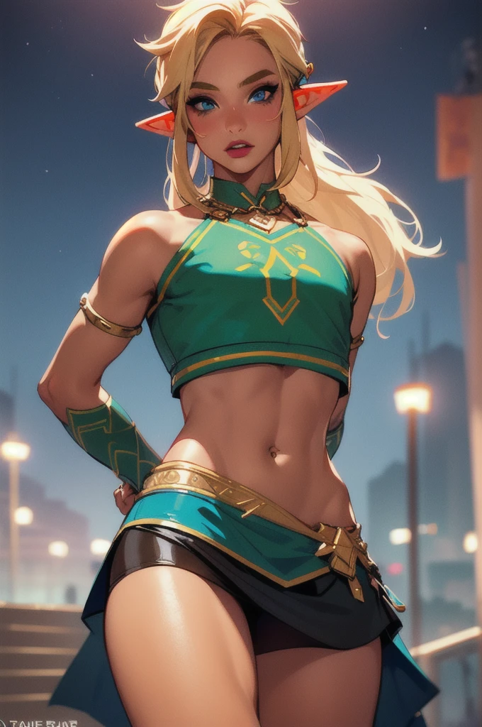 1 boy, solo, 1 boy, solo, solo, masterpiece, best quality, 18 years old, link, elf, tan skin, long blonde hair, blue eyes, eye shadow, lipstick, night club, rave, crop top, mini skirt, hands behind back,