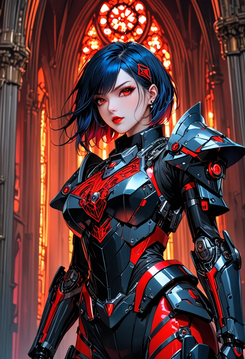 a portrait of mecha female vampire in a dark gothic cyberpunk church, an exotic exquisite beautiful mecha female vampire, dynamic hair color, short hair, dynamic eyes color, intense eyes,  glowing eyes, dynamic eyes color, wearing intricate mech armor, delicate mech armor, delicate blood veins in the armor, wearing thigh high heeled boots, dark gothic cyberpunk church background, vibrant, Ultra-high resolution, High Contrast, (masterpiece:1.5), highest quality, Best aesthetics), best details, best quality, highres, 16k, (ultra detailed: 1.5), masterpiece, best quality, (extremely detailed) RAW, (ultra details, Masterpiece, best quality), Dark Art Painting Style, nijimecha