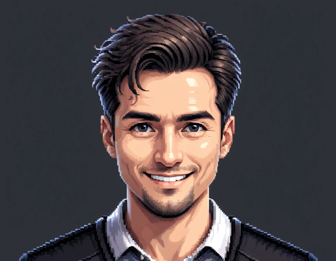 A pixel art portrait of a stylish white man with a confident and friendly smile that exudes trustworthiness. He has sleek, modern hair with a black gradient, transitioning from deep black at the roots to a lighter shade at the tips. His light-colored eyes are expressive and engaging. The focus is on his face, with clear, defined features and a warm, approachable expression. The background should be simple and clean, perhaps a soft, neutral color or subtle pixel art elements like small stars or shapes, to keep the attention on the character's face. The image should be well-suited for a profile icon (ideally square), maintaining clarity and detail at different display sizes.