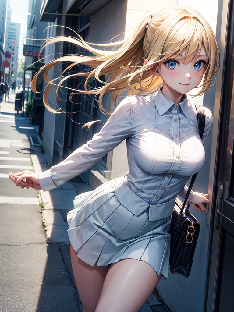 Anime style, super fine illustration, highly detailed, beautiful detailed, pale tone image, static representation, gentle expression, 8k, pretty 1girl with blonde straight short hair & blue eyes & a bright smile & full bust & soft fair skin is wearing big white business shart not to show her skin & black tight skirt & 1business bag, on the business building street, in the morning, brilliant particles of lights, romantic stories, solo, perfect 5fingers, perfect arms, perfect legs, masterpiece.
