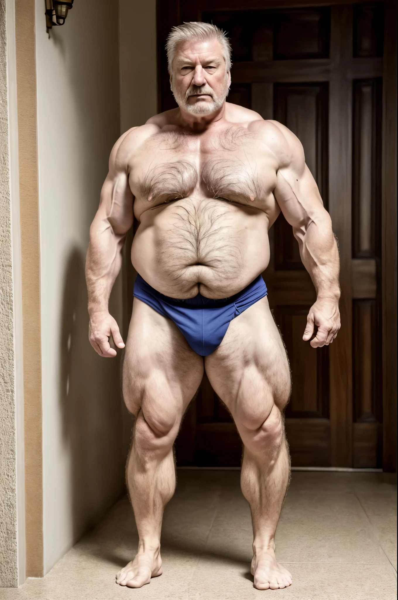 full body portrait, intricate details, mature old man, grandpa, virile, tough, fat, plump, bulging muscles, massive feet, (hairy), pale skin, alec baldwin