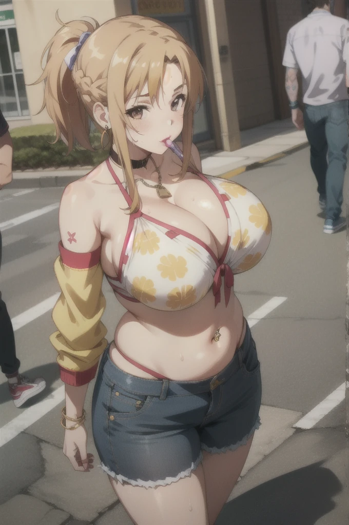 Thick legs, mature female, mature, adult, 1girl, ((ponytail hair)), ((Short pixie hair)),asuna (sao), ((yellow blond colored hair)), brown eyes, solo,looking at viewer,Implanted Big breast,unnatural big breast,Plump,Big hip,America printed bikini,big cleavage,Curvy,(Thick purple lips),(Glossy purple Lips),(Bimbo lips),(purple colored eyelid),Walking in the street,Swaying hips,Golden bracelet,Gold chained Dog Tag,Hoopa earring,Golden ring,Latin women,(Half open eyes),Unnatural body proposion,purple long nail,Bimbo,Slut,Unnatural thick lips,Brown skin,Short pants,Plump belly,Navel shown,Dark skinned,Native latin face,Half eyes open,fat arm,American Ghetto street background,Short Jeans,Eyelash,American,Smug,Sweat,Chocker,Mature,Big lips,Nape clean,eating lolipop,black Sunglasses,Tattoo,Bare Shoulder,No Sleeve,Navel pierce